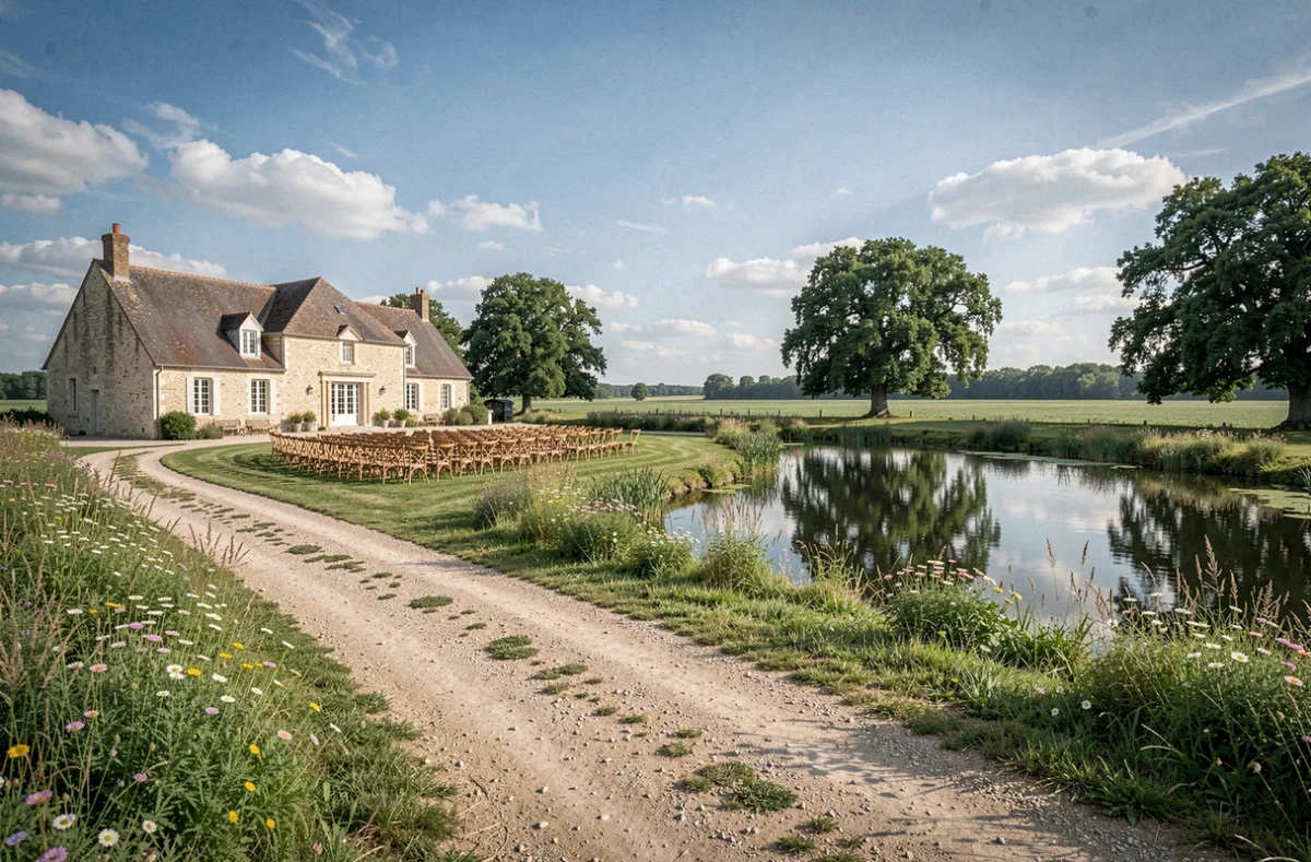 Vue panoramique du Domaine de Cordet avec espace cérémonie extérieur et pièce d'eau en Gironde