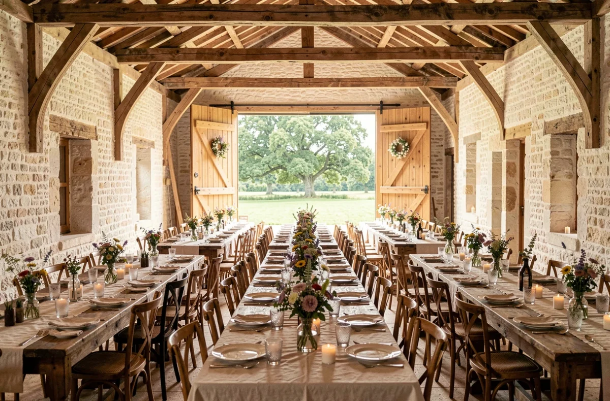 Intérieur du Domaine de Guillemin à Saint-Louis-de-Montferrand avec grange rénovée et tables rustiques