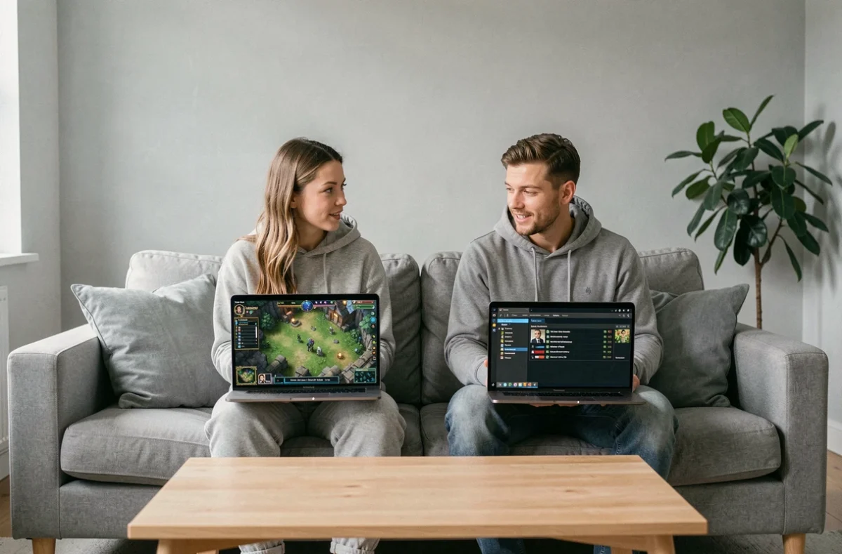 Deux joueurs adultes discutant d'une stratégie sur un jeu MMORPG fantasy affiché sur un ordinateur portable dans un salon moderne au style scandinave