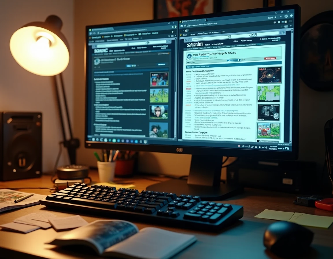 Comparaison côte à côte de deux interfaces d'archives JVC sur un écran d'ordinateur avec un bureau gaming encombré