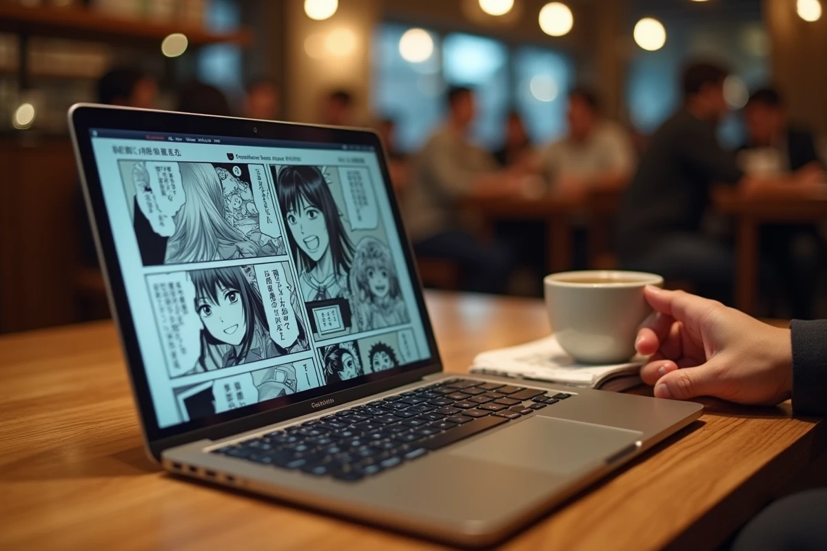 Écran d'ordinateur portable affichant une interface de scantrad manga dans un café, avec une tasse de café et un volume manga posés à côté