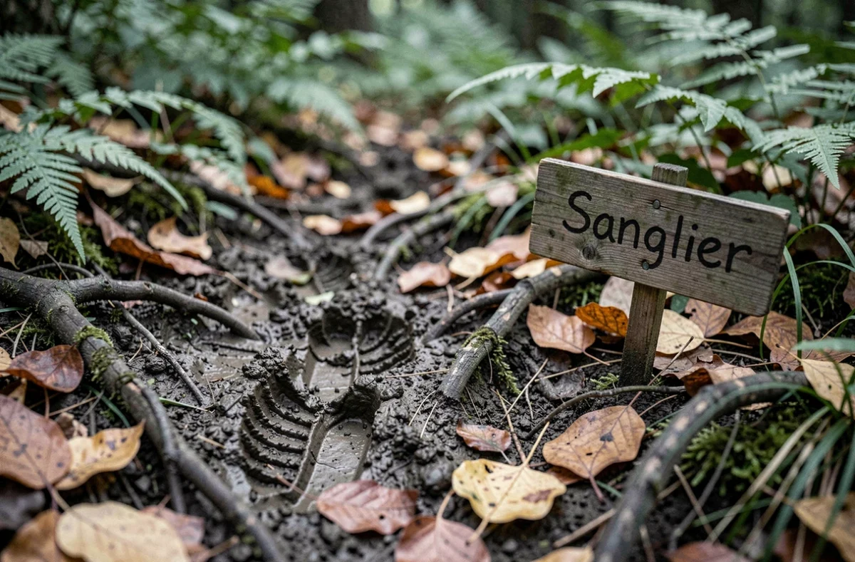 Empreintes de sanglier dans la boue d'une forêt avec un panneau en bois artisanal au sol parmi les feuilles d'automne