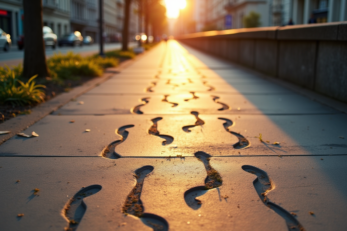 Empreintes de pas sur un trottoir urbain ensoleille