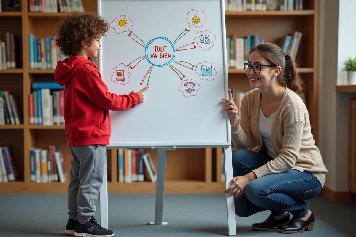 Un enfant explique fièrement le sens de 'si tout va bien' sur un tableau blanc dans une bibliothèque