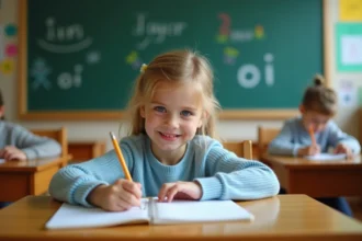 Jeune fille écrivant des mots avec la rime en oi dans un cahier de classe, apprentissage de l'orthographe française pour enfants
