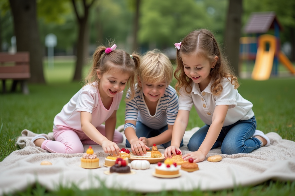 Enfants joyeux partageant des mini gâteaux en plein air
