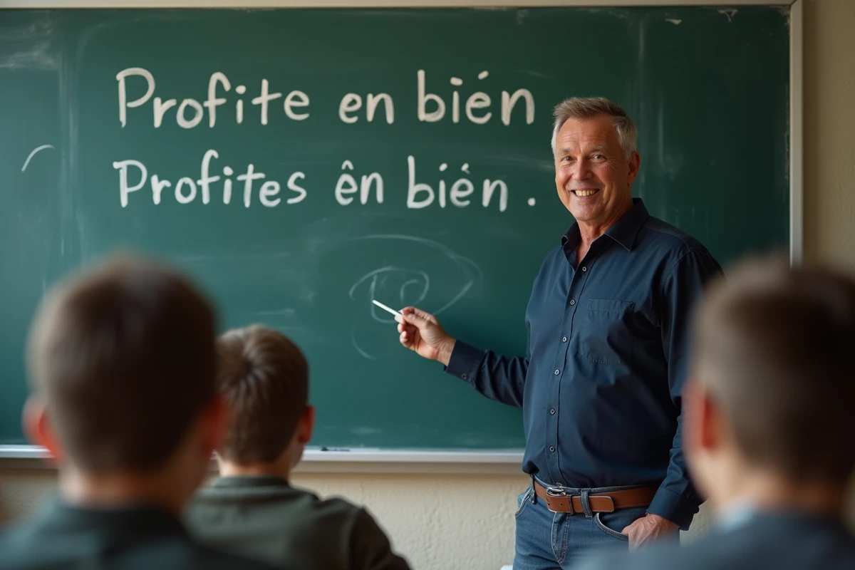 Professeur écrivant des phrases françaises en classe avec des élèves