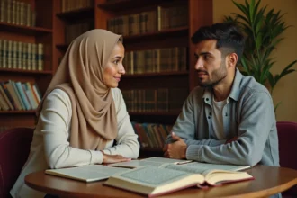 Une enseignante en hijab explique la formule Allahouma barik à un nouveau musulman autour d'une table couverte de livres arabes