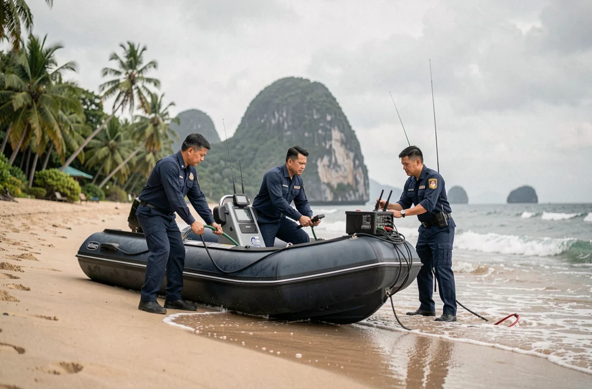 Exercice d'entraînement des équipes de secours côtières sur la plage de Phuket avec équipement de sauvetage moderne
