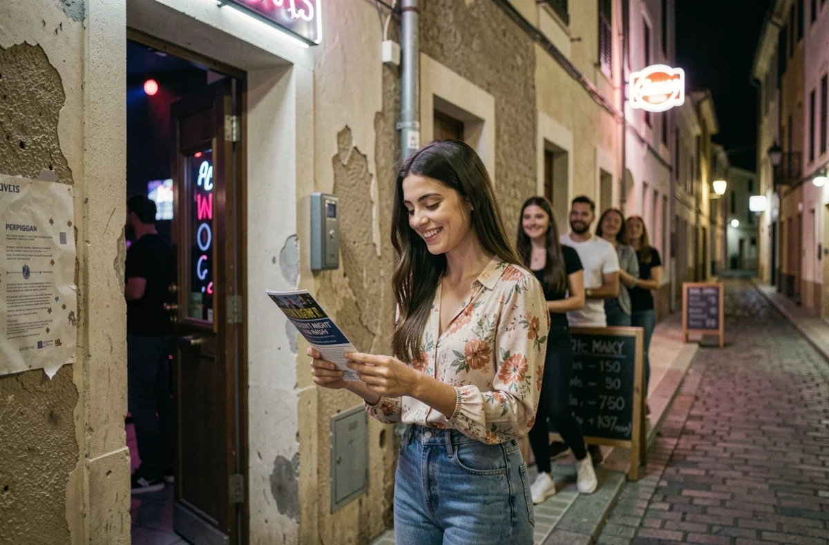 Étudiante devant l'entrée d'une boîte de nuit à Perpignan consultant un flyer de soirée