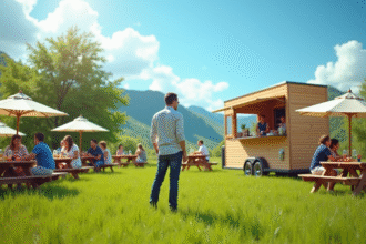 Entrepreneur dans un champ vert avec food truck et tables de pique-nique