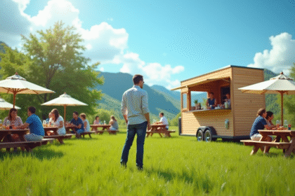 Entrepreneur dans un champ vert avec food truck et tables de pique-nique