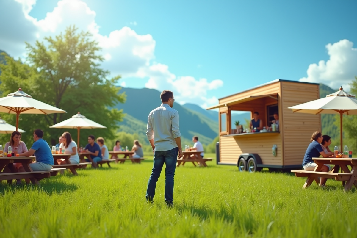 Entrepreneur dans un champ vert avec food truck et tables de pique-nique