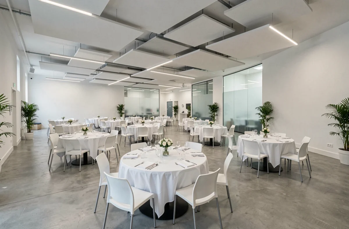 Salle de réception moderne de l'Espace Descartes à Artigues-près-Bordeaux avec tables dressées