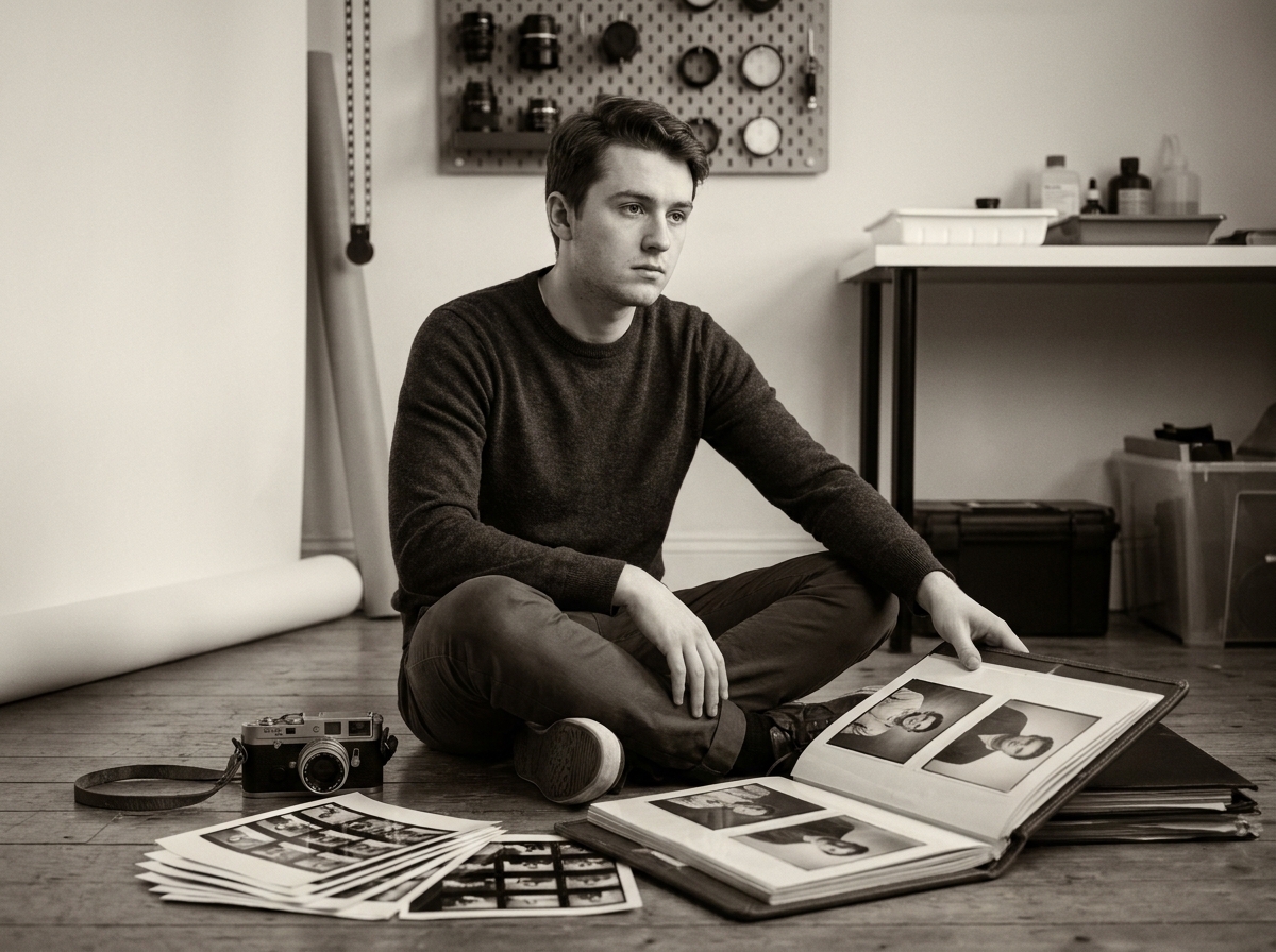 Étudiant en photographie assis sur le sol d'un studio examinant des planches contact et un portfolio de tirages argentiques en noir et blanc