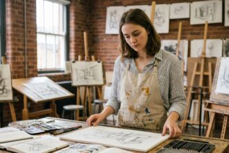 Jeune étudiante en école d'art examinant ses illustrations sur une table de dessin dans un atelier créatif aux murs en briques apparentes