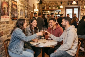 Groupe d'étudiants qui trinquent dans un bar étudiant de Perpignan à petit prix