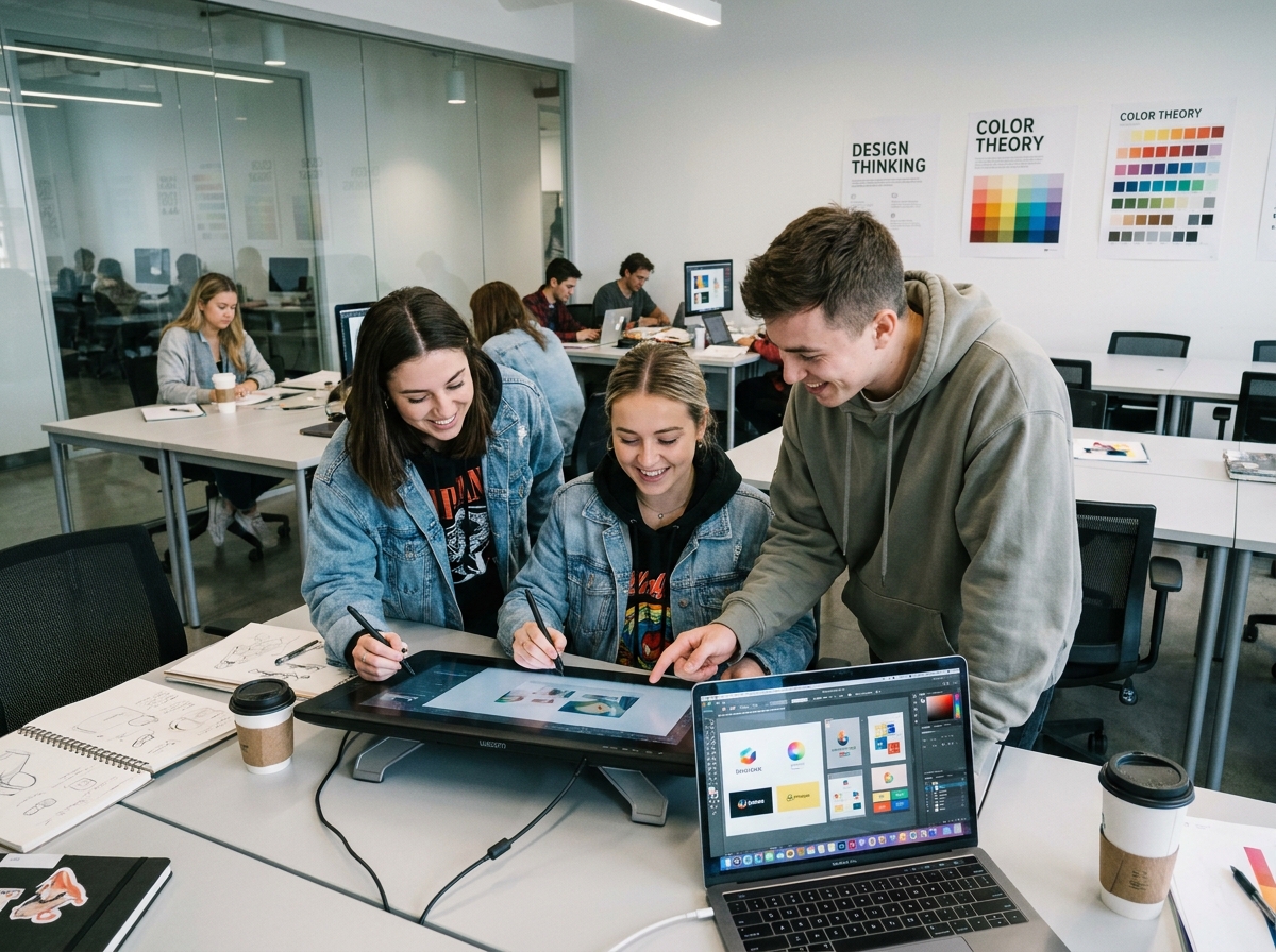Groupe d'étudiants en design graphique collaborant autour d'une tablette numérique dans un espace de travail moderne d'école spécialisée