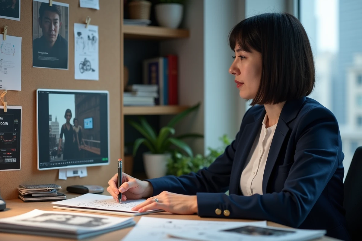 Experte en cinéma annotant des storyboards de films Marvel dans un bureau de production