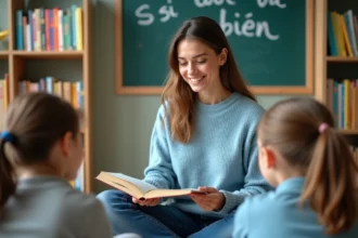Une jeune femme enseigne l'expression 'si tout va bien' à des enfants dans une salle de classe colorée