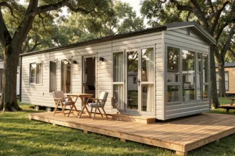 Extérieur d'un mobil-home moderne de qualité installé dans un camping arboré avec terrasse en bois