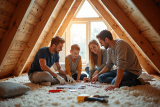 Famille moderne inspectant l'isolation du grenier