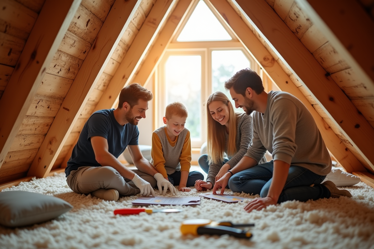 Famille moderne inspectant l'isolation du grenier