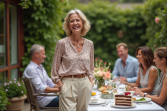 Femme de 60 ans riant lors d'un brunch en plein air