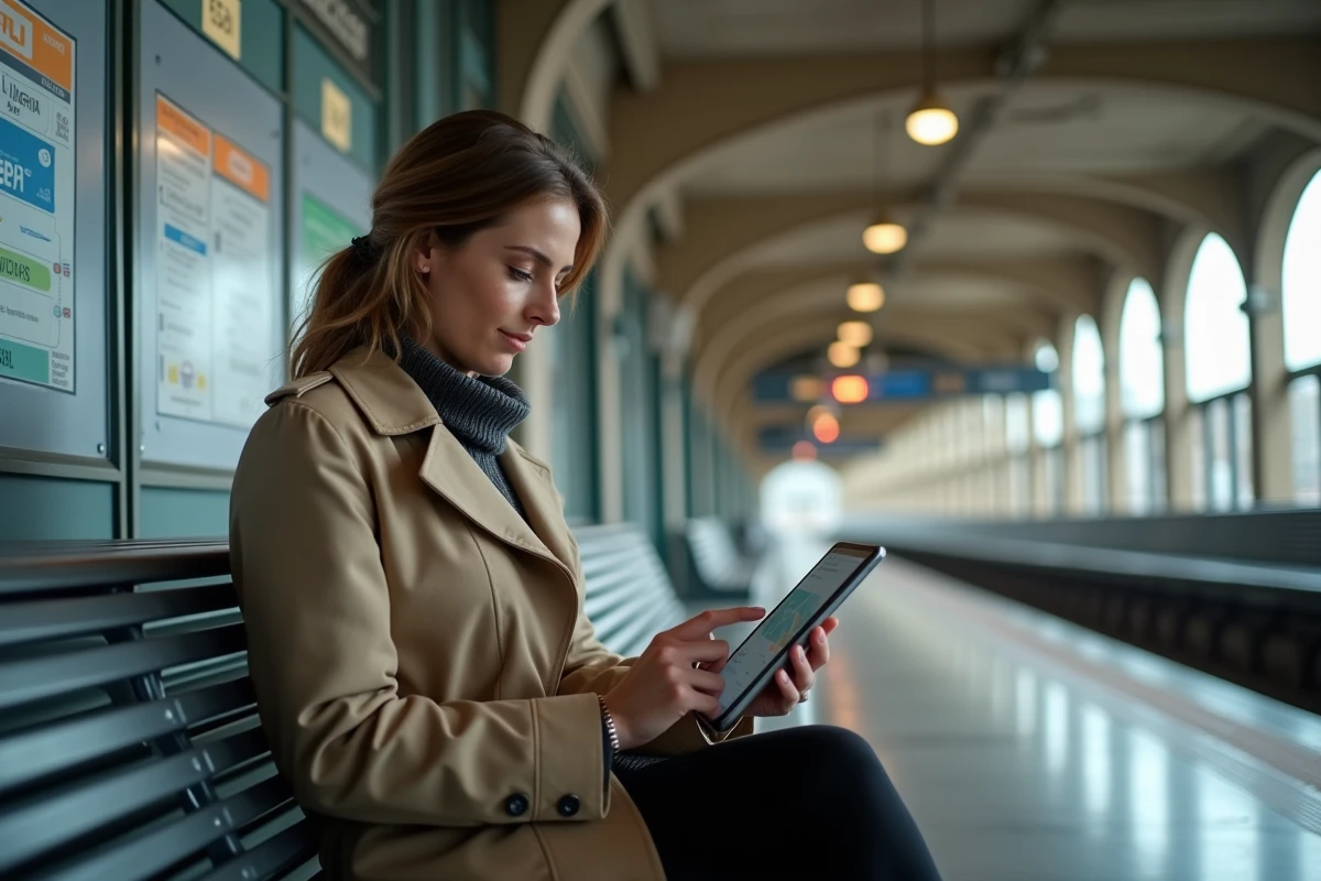 Femme professionnelle utilisant une application interactive du plan RER sur tablette en gare