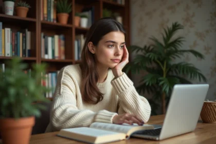 Jeune femme lisant un livre de grammaire française à son bureau