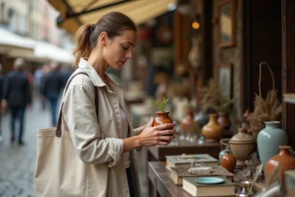 Femme inspectant un vase en céramique vintage sur un stand de brocante en plein air dans le département 54