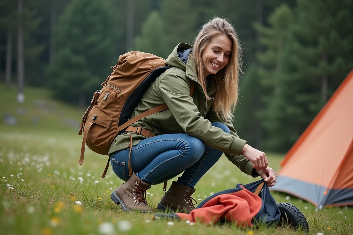 Jeune femme préparant un sac à dos de camping en nature