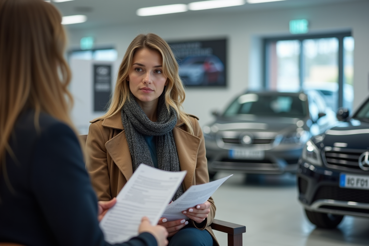 Jeune femme hesitante discute avec un vendeur en concession