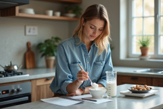 Jeune femme en cuisine convertissant des grammes en litres