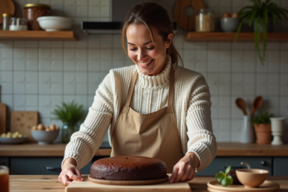Femme souriante préparant un gâteau au chocolat dans la cuisine