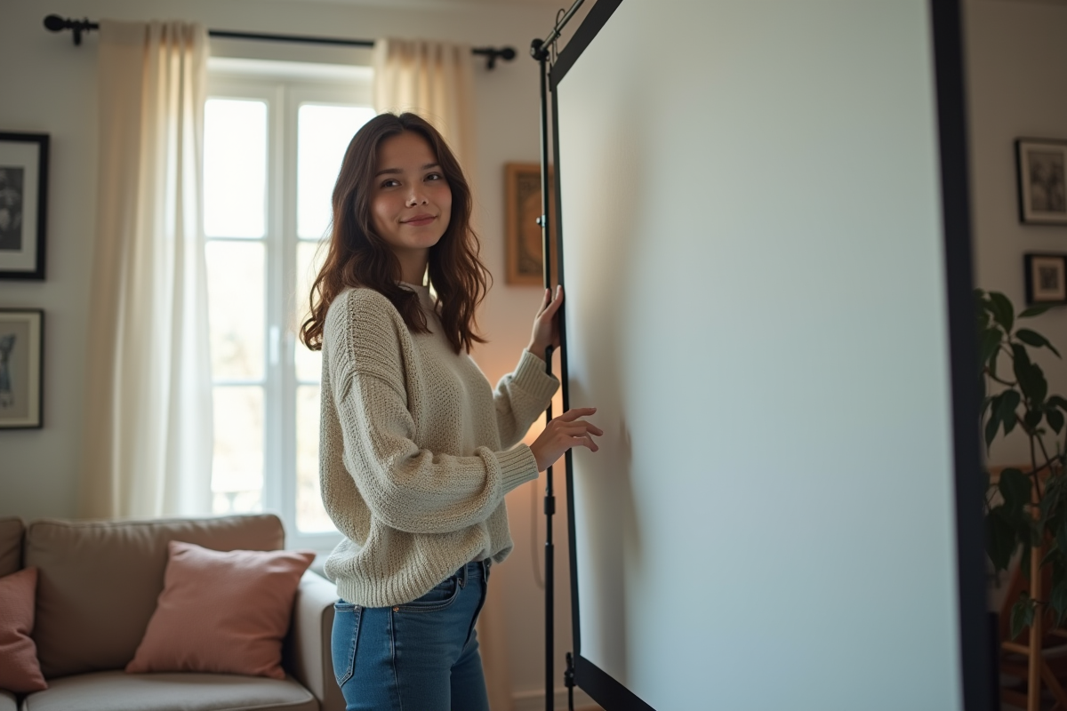 Jeune femme déployant un écran de projection dans un salon lumineux