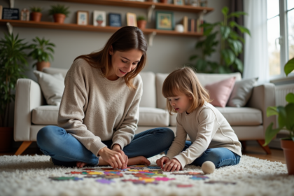 Femme et enfant faisant un puzzle dans un salon chaleureux