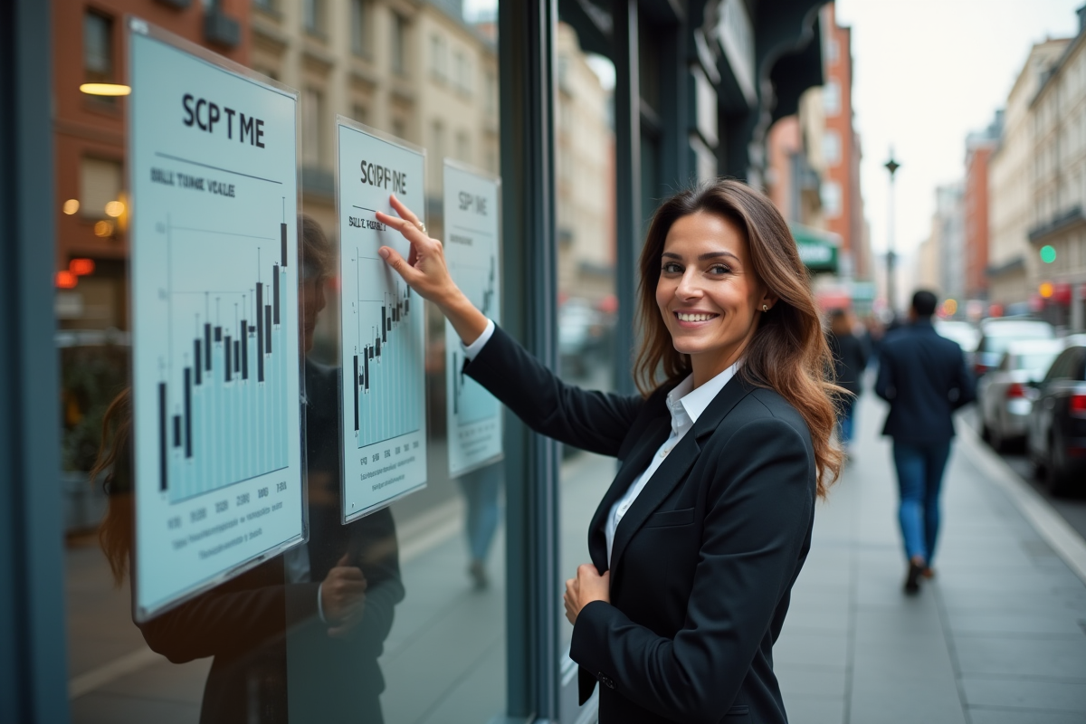 Femme souriante montre des graphiques immobiliers devant une agence
