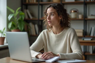 Femme assise au bureau à la maison surprise en regardant son écran