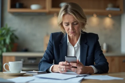 Femme inquiète avec smartphone dans une cuisine moderne