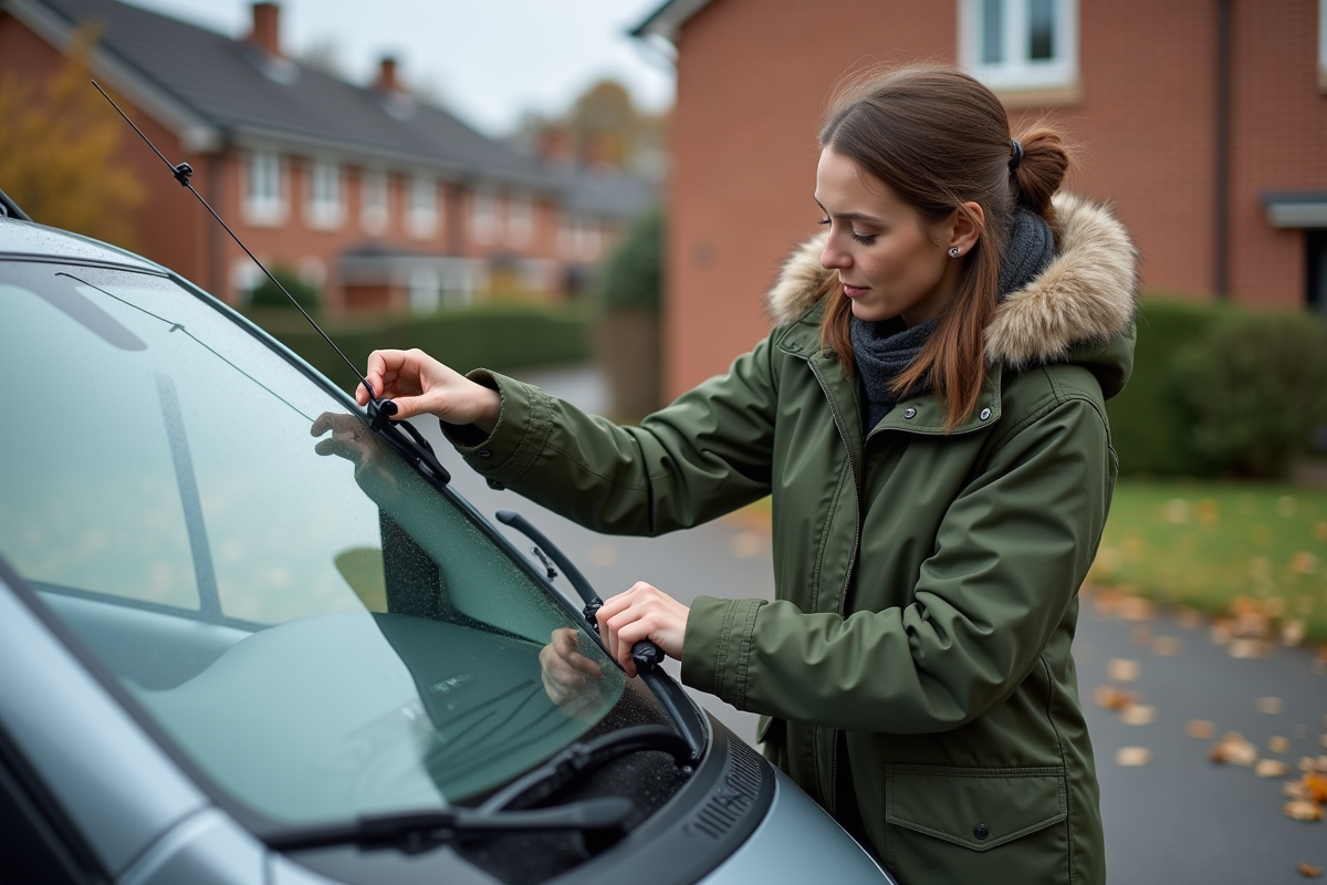Femme installe un lave-essuie-glaces sur sa voiture