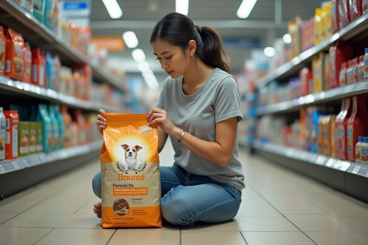 Femme lisant les ingrédients d'un sac de croquettes sans céréales pour chien dans un magasin animalier