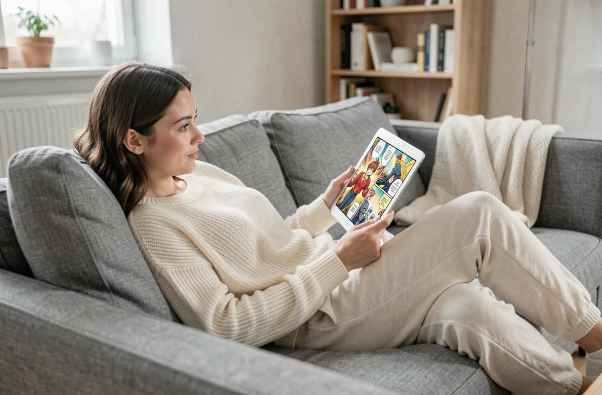 Femme lisant un manga heroic fantasy sur tablette dans un salon scandinave moderne