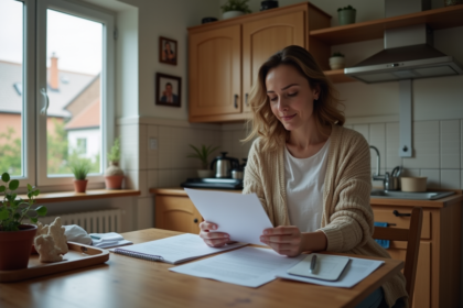 Femme lisant un document dans une cuisine modeste