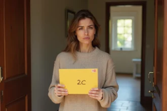 Femme tenant une lettre recommandée 2C devant sa porte d'entrée avec une expression interrogative