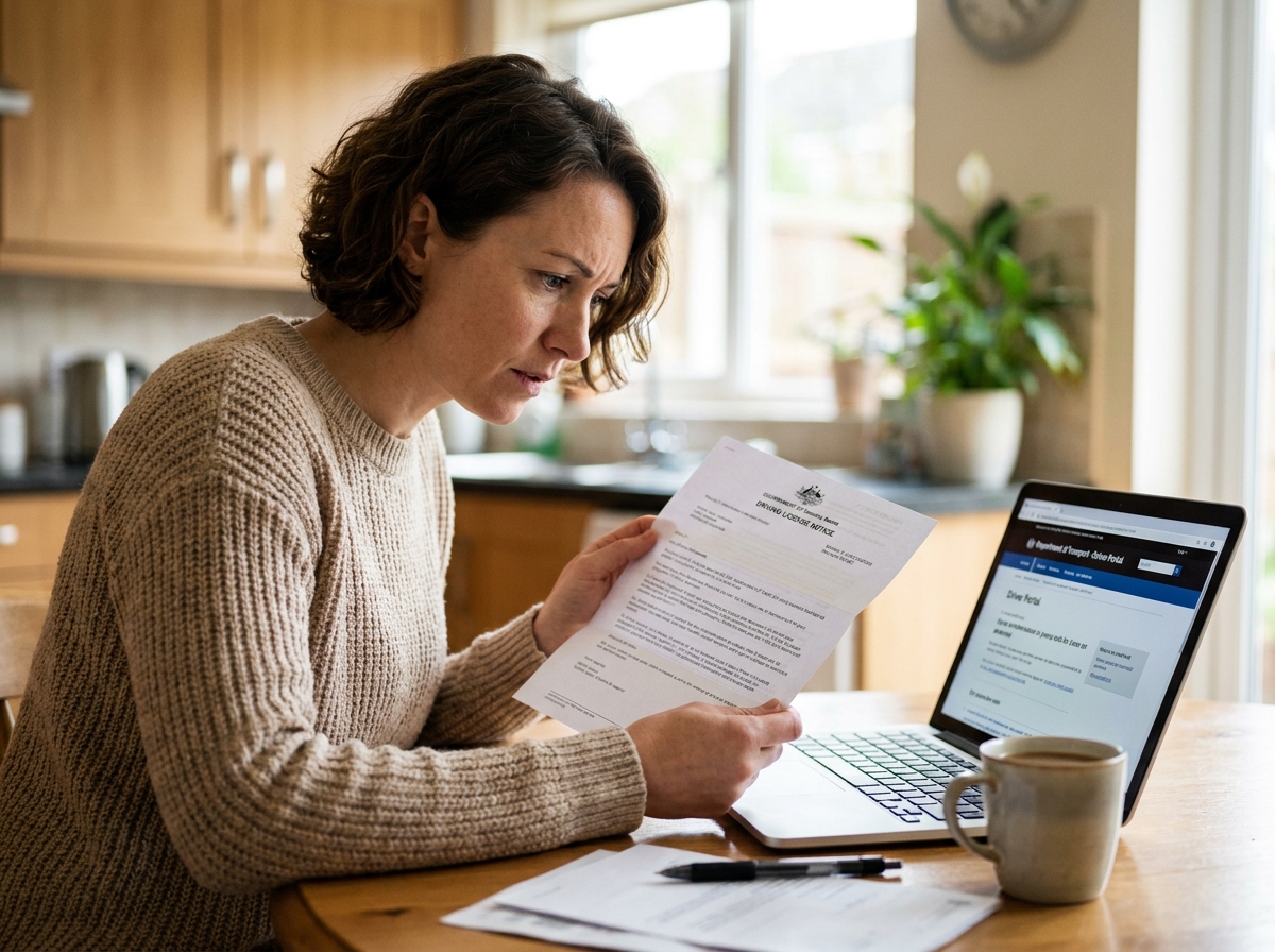 Une femme lisant une lettre officielle de retrait de points sur son permis de conduire à son domicile