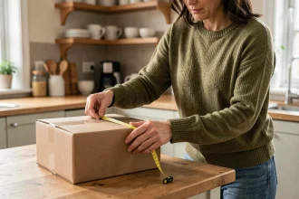 Femme mesurant les dimensions d'un colis carton avec un mètre ruban avant un envoi Mondial Relay