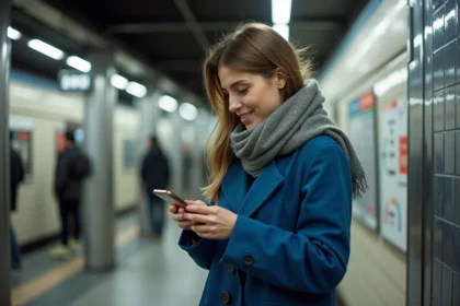 Jeune femme dans le métro parisien vérifiant son smartphone