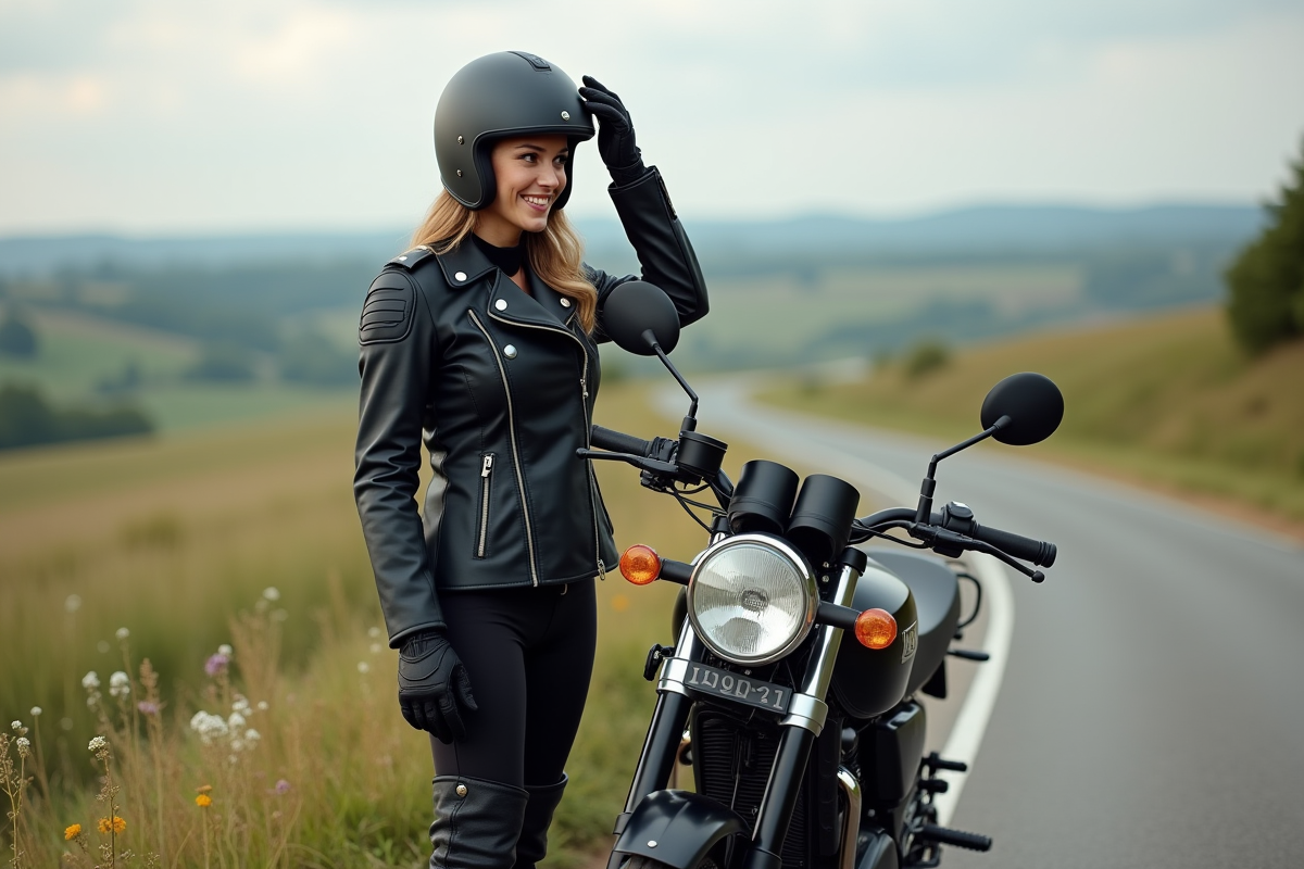 Femme ajustant son casque à côté de sa moto en campagne