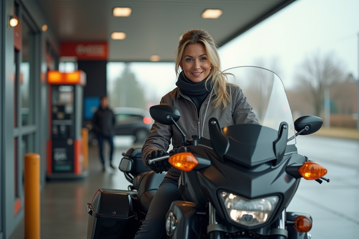 Femme en tenue de moto vérifiant une moto au station service